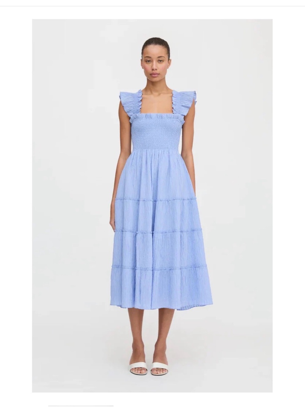Smocked Square-Neck Midi Dress in Light Blue